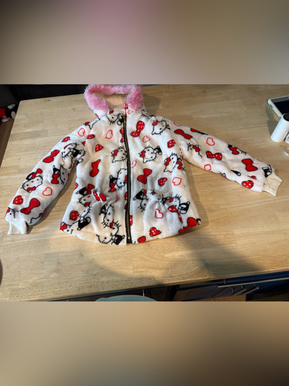 Hello Kitty White Plush Zip-Up Hoodie with Red Accents and Pink Fur Hood Trim